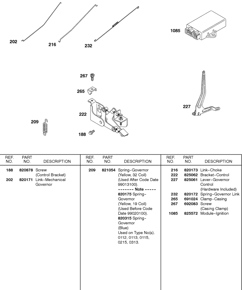 Controls, Springs, Ignition Module Diagram and Parts List for 580447-0315-XX  Briggs and Stratton Engine